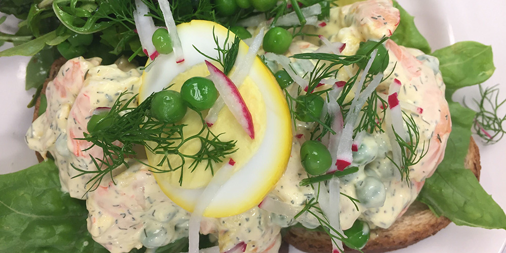 Swedish Skagen Salad with Shrimp and Dill-Saffron Aioli served at Coteau's Table.