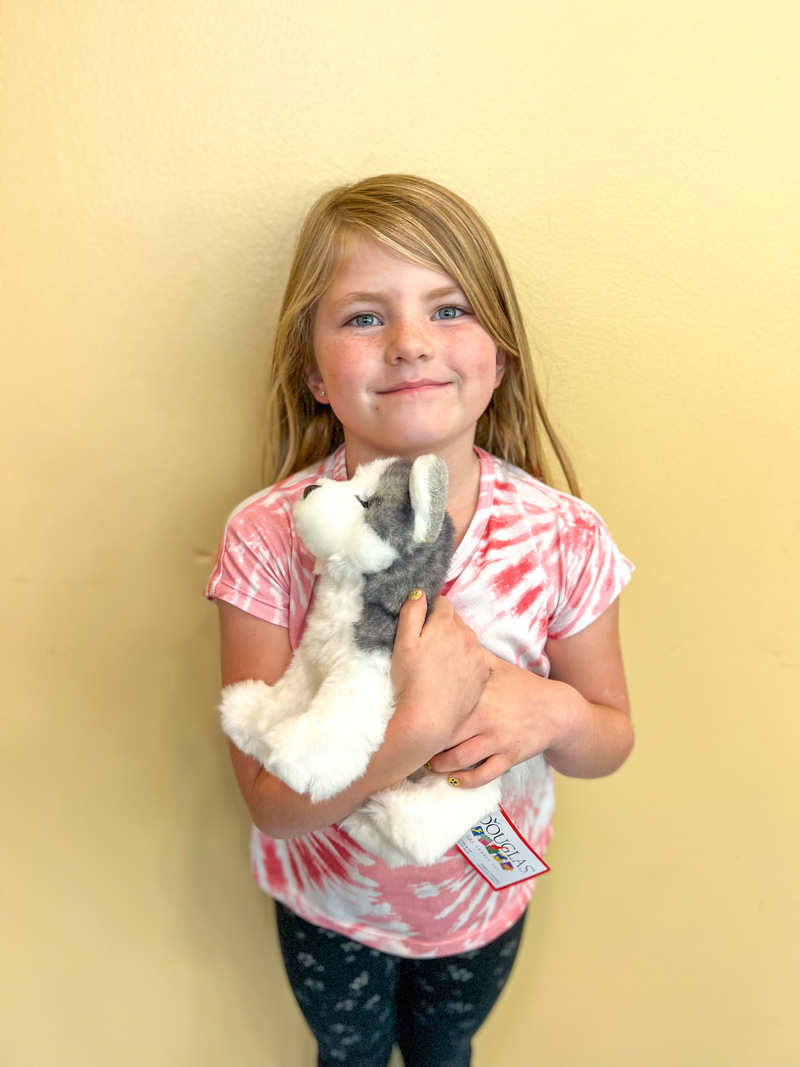 girl holding a husky dog plush