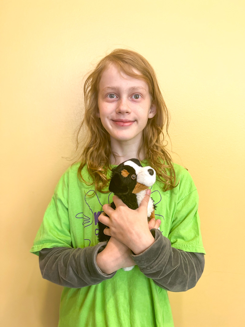 girl holding a bernese mountain dog plushie