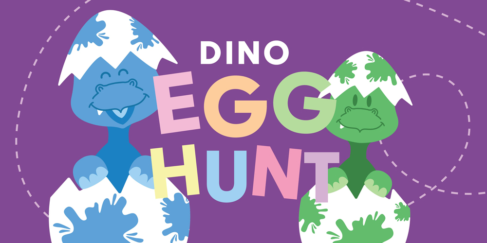 Dinosaur egg hunt and vector image of baby dinosaur in a colorful egg.