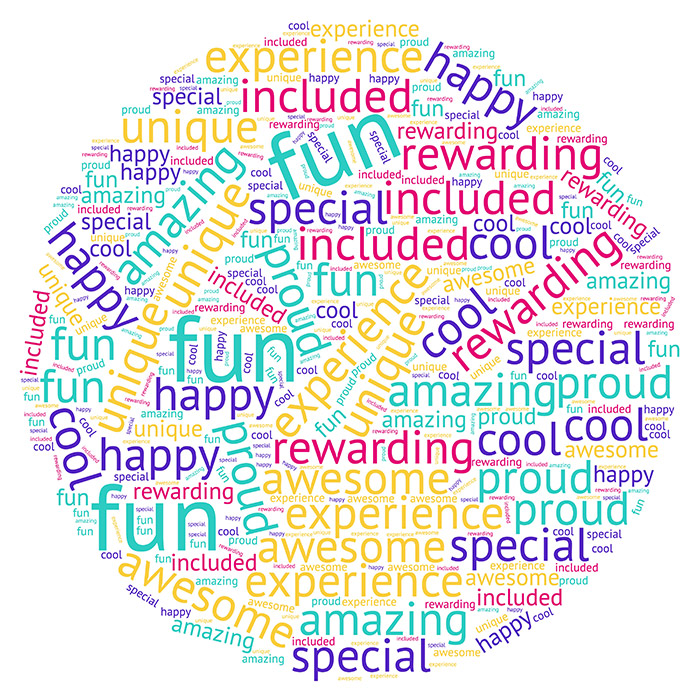 Word cloud describing volunteering: Special, Happy, Included, Amazing, Awesome, Fun, Experienced, Unique, Fun, Cool, Rewarded, and Proud.