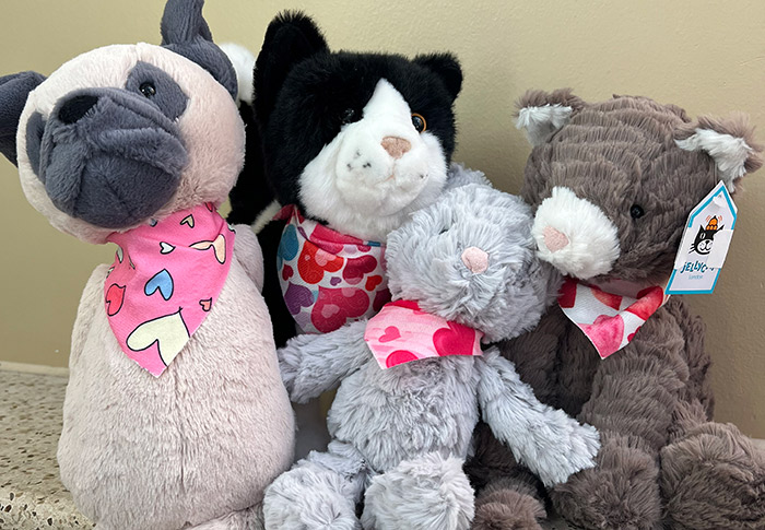 Plush dogs and cats wearing pink and red heart-shaped valentine scarfs