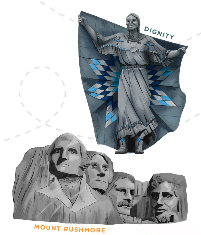 Illustration of Dignity sculpture and Mount Rushmore. 