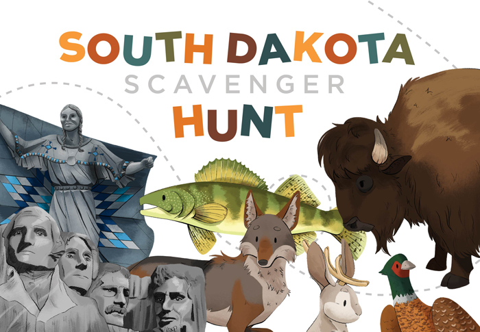 South Dakota Scavenger Hunt, with images of walleye, bison, pheasant, Mount Rushmore, Dignity, and more.
